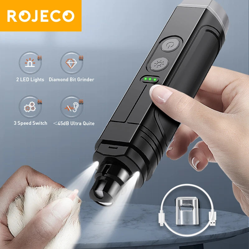 ROJECO P3 Electric Pet Nail Grinder with Dual LED Lights – Stress-Free Nail Trimming for Dogs & Cats