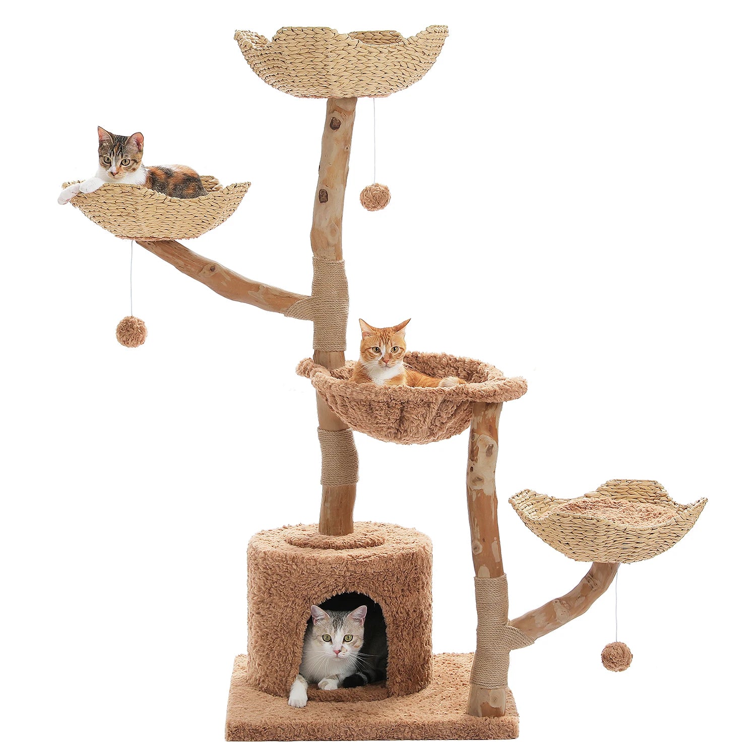 Luxury Wooden Cat Tree for Large Cats – Modern Cat Tower with Wicker Baskets, Scratching Posts & Soft Hammock